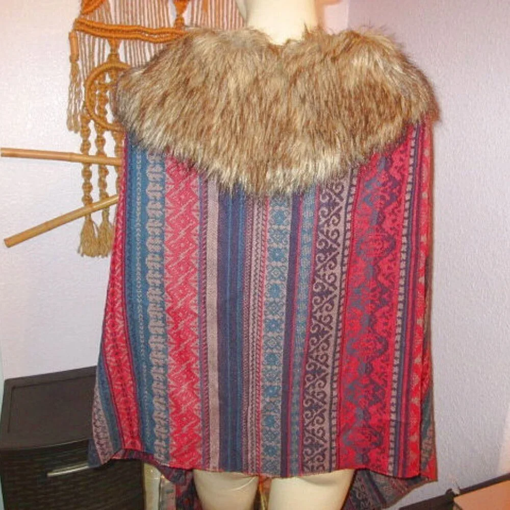 Aztec Knit Poncho Cardigan Sweater Shawl Wrap Cape Faux Fur Collar Fair Isle NWT